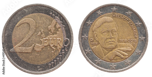 Germany - circa 2018 : a 2 Euro coin of Germany with a map of Europe and the portrait of the politician and Chancellor Helmut Schmidt