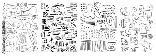Vector set of grungy hand drawn textures. Lines, circles, squiggles, waves, brush strokes. Artistic organic fluid shapes. Hand drawn elements for your graphic design, wall art, patterns
