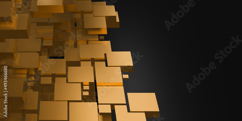 golden cube background Abstract gold geometric reflection glitter 3D illustration