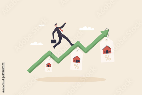 Housing price rising up businessman running on rising green graph on house price tag or house roof. real estate or property growth concept.