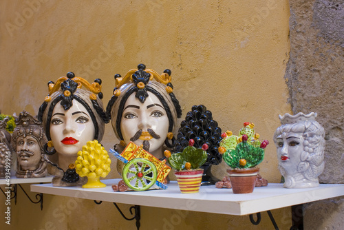 Vases of Caltagirone and typical sicilian ceramic souvenirs for sale in Syracuse, Sicily, Italy