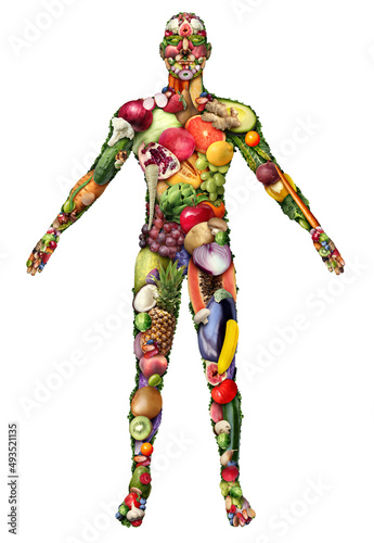 Human body made of fruit and vegetables and eating healthy or vegan and veganism or natural diet lifestyle as a group of fresh ripe fruits and nuts with beans as a symbol for eating green biological n