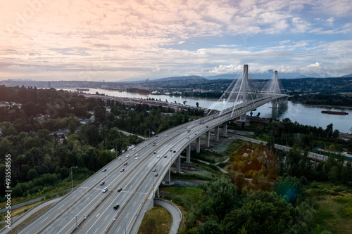 Famous Port Mann Bridge over the water, a cable-suspended bridge spanning across Fraser River, British Columbia, Canada.