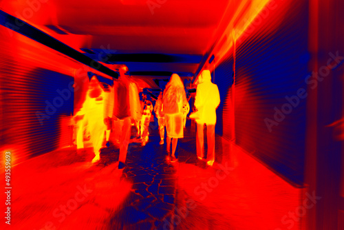 Movement of people in the underpass. Illustration of thermal image - thermal impressionism.