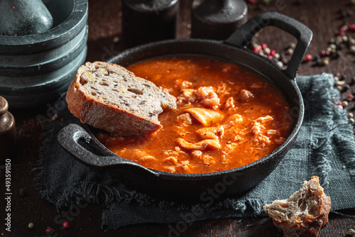 Homemade and spicy tripe soup made of pork and spices.