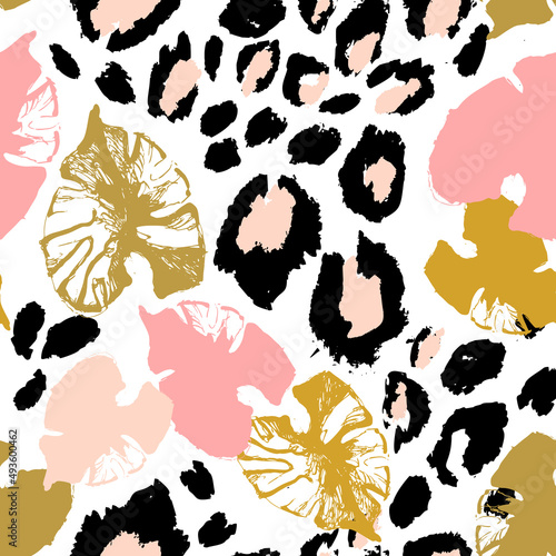 Abstract tropical floral seamless pattern with grunge monstera leaves, animal skin print.