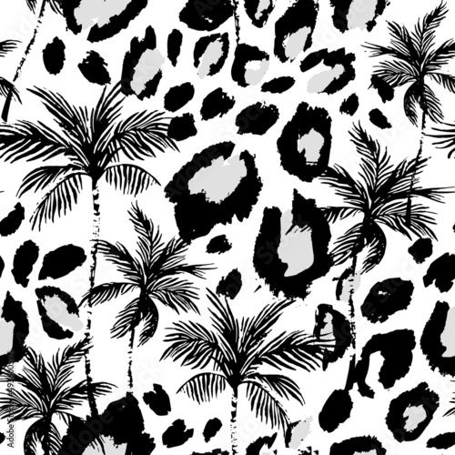 Abstract tropical floral seamless pattern with grunge palm trees, animal skin print.