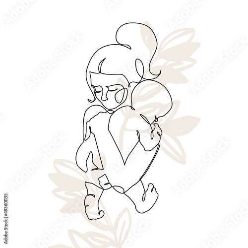 Abstract family continuous line art. Young mom hugging her baby on floral background.
