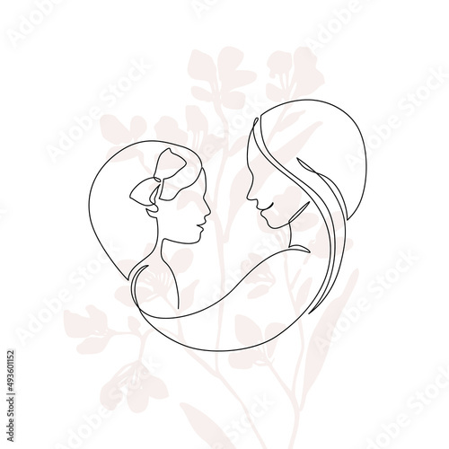 Mommy little kid line drawing. Abstract family continuous line art. Mom hugging her daughter.