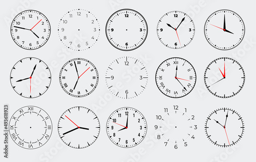 Circle watch face. Clock with marks numbers and arrows. Vector isolated set