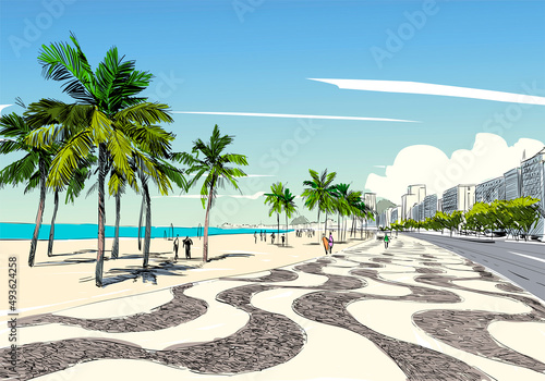 Copacabana beach. Rio de janeiro. Brazil. Hand drawn city sketch. Vector illustration.