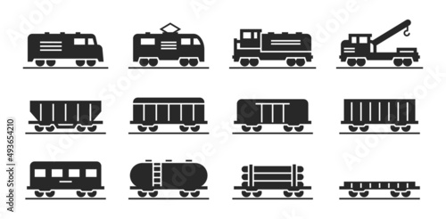 locomotive and wagon icon collection. train and railway freight cars. isolated vector images