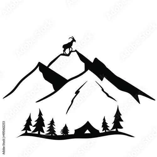 Mountain goat and mountains. Black silhouette.