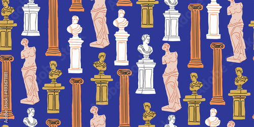 Vector seamless pattern in doodle cartoon style with ancient monuments, statues, busts in blue and beige. Museum pattern for adults and kids