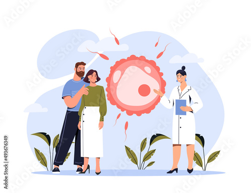 Human reproduction and family planning concept. Young man and woman planning pregnancy. Doctor explains to couple topic of fertility and parenthood. Sperm and egg. Cartoon flat vector illustration