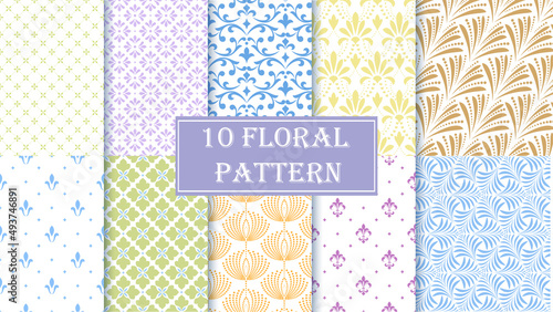 Geometric floral set of seamless patterns. Colored vector backgrounds. Simple illustrations