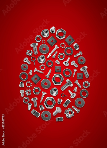 bolts, nuts, nails, screws, tools easter egg red 