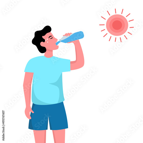 Man suffering from heat and sweaty dehydration from strong sunlight. He drinking water for refreshing in flat design. Hot climate in summer.