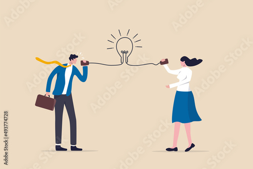 Communicate idea, advice or solution, good communication skill for business success, brainstorm or discuss in meeting concept, smart businessman talk to colleague on phone line with lightbulb symbol.