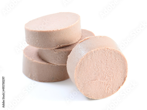 Portion of Liverwurst isolated on white background close-up. Liver sausage isolated on white background