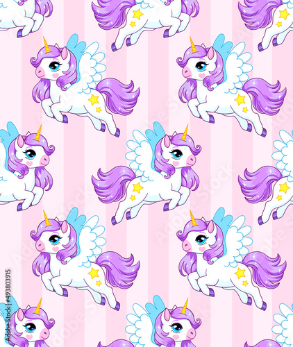 White pegasus on pink background. Vector seamless pattern in pastel colors