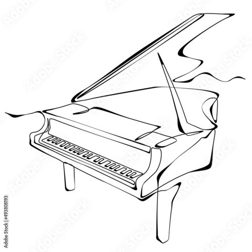 Piano continuous one line vector drawing. Pianoforte hand drawn silhouette clipart. Acoustic musical instrument sketch. Grand piano minimalistic contour illustration. Isolated linear design element