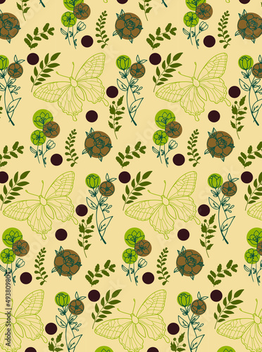 Seamless abstract pattern with flowers and butterflies on the beige background