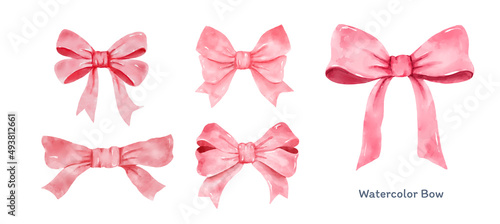 Set of Pink gift bow in watercolor style isolated on white background. Hand drawing decorative bow elements vector illustration
