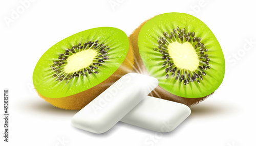 Realistic Fruit chewing gum pellet with kiwi flavor. Chewing pads with fresh ripe kiwi. Product placement detailed label design. Packaging design for branding. 3d vector