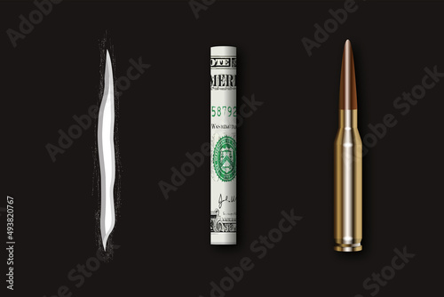 Cocaine, rolled dollar and bullet, narcos war concept, vector illustration
