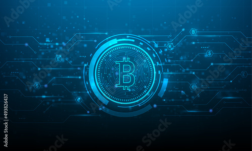 bitcoin crypto currency digital technology on circuit board .blue dark background. money global market exchange in future. Finance token online Systems. vector illustration abstract futuristic.