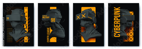 Modern collection of posters cyberpunk yellow military technology in the style of Techno, Rave music and of the future virtual reality with plaster heads. Print t-shirts isolated on black background