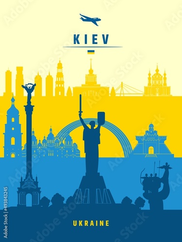 Ukraine metropolitan landmarks poster design vector illustration. Kiev city skyline vertical banner. 