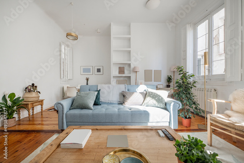 Living room with a blue three-seater sofa, wooden tables and decorative indoor plants