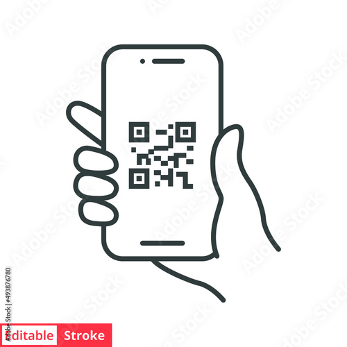 QR code scanning in smartphone screen. Hand holding Mobile phone. Simple line icon style, barcode scanner for pay, web, mobile app. Vector illustration isolated. Editable stroke EPS 10.