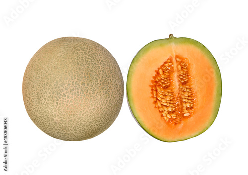 Musk melon honey melon or cantaloupe with full and sliced with seeds isolated on white background.