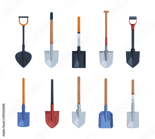 Shovel for gardening. Different types of shovels for gardeners garish vector pictures set isolated on white