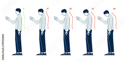 Phone using posture. Neck position, ergonomic infographic for people gadget addiction. How use smartphone, correct and incorrect body standing, recent vector person