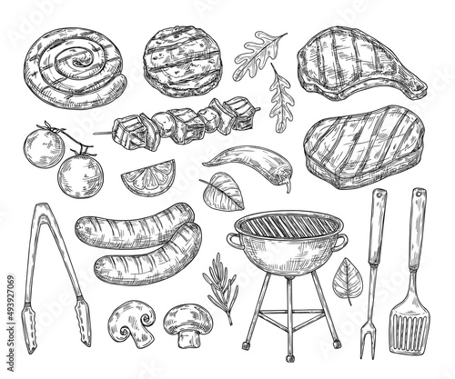 Hand drawn bbq. Sausages vegetables grill sketched elements. Healthy seasonal barbecue rib and lamb, meat restaurant menu vintage neoteric vector signs