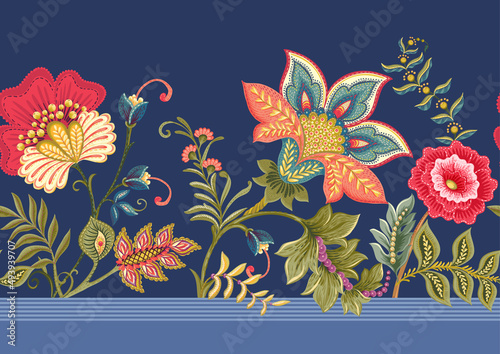 Fantasy flowers in retro, vintage, jacobean embroidery style. Border line seamless pattern on denim blue background. Vector illustration.