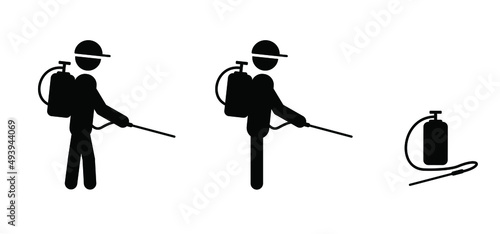 Cartoon man spraying toxic or weedkiller on plants, flowers or grass. Stickman, stick figure man with spraying weed killer. Vector icon or pictogram. Garden tools. Sprayed on a weed. Insect repellent,