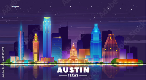 Austin Texas night city skyline vector illustration. Background with city panorama. Travel picture.