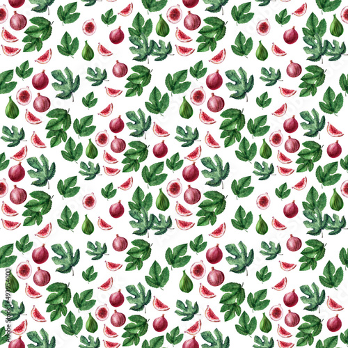 Watercolor seamless pattern with fruits and fig leaves