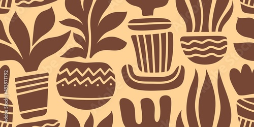 VECTOR SEAMLESS BEIGE BANNER WITH BROWN SILHOUETTES OF EXOTIC FLOWERS IN POTS