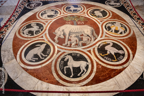 Marble floor of the cathedral of Siena, Tuscany, Italy