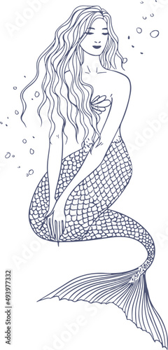 Mermaid under Water Hand Drawn Contour Illustration