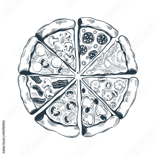 Hand drawn pizza slices with different toppings. Top view. Vector illustration