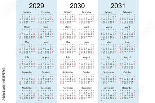 Calendar planner 2029, 2030, 2031. Corporate design planner template. Week Starts on Sunday