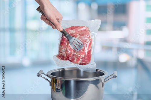 Cooking meat vacuum packed with sous-vide technology.
