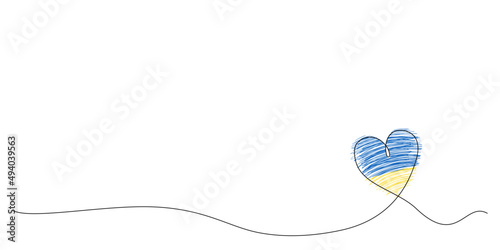 Niebieskie i żółte serce odręcznie rysowane- kolory flagi Ukrainy. Wsparcie dla Ukrainy. "Nie" dla wojny. Białe tło z ilustracją wektorową z miejscem na tekst.